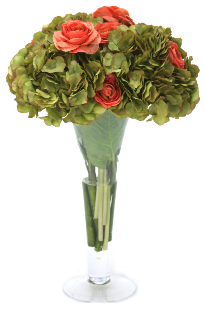 Green Hydrangeas and Coral Ranunculus in Trumpet Vase