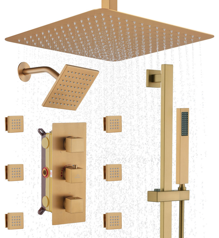 16inch Deluxe Showerhead Dual Shower Head System With Slide Bar and 6 Body Jets, Brushed Gold
