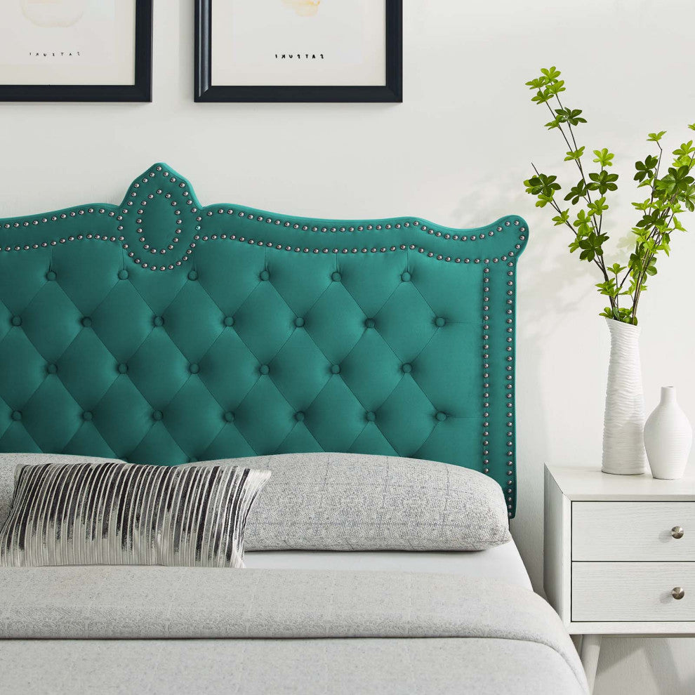 Tufted Headboard, Full Queen Size, Velvet, Teal Blue, Modern Contemporary