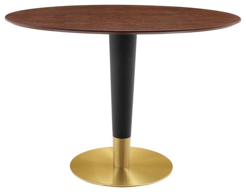 Dining Table, Oval, Wood, Metal, Gold Brown Brown Walnut, Cafe Bistro Restaurant