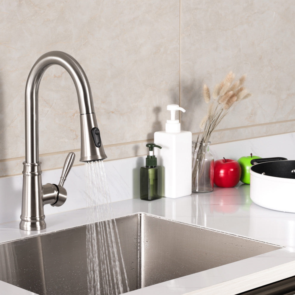 Single Handle High Arc Pull Out Kitchen Faucet in Brushed Nickel Finish