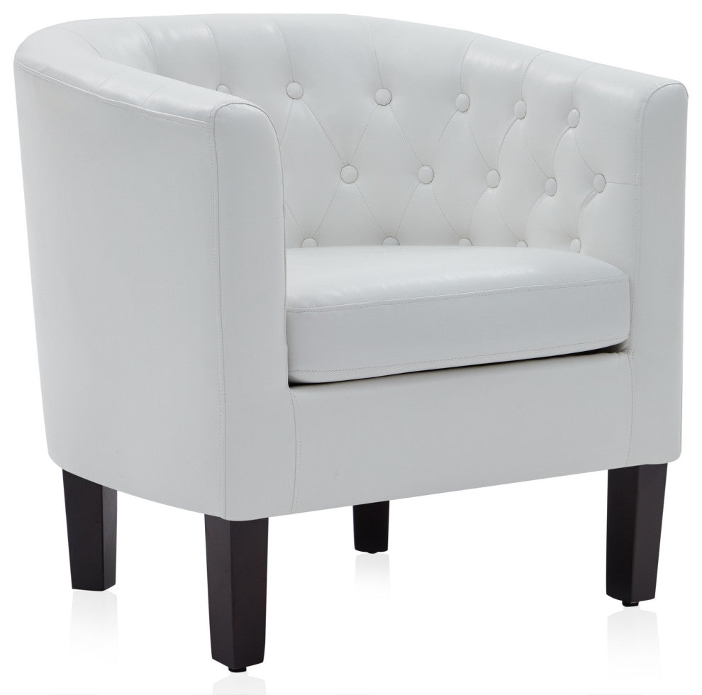 Upholstered Tufted Barrel Chair Roll Armrest Accent Chair, Faux Leather, White