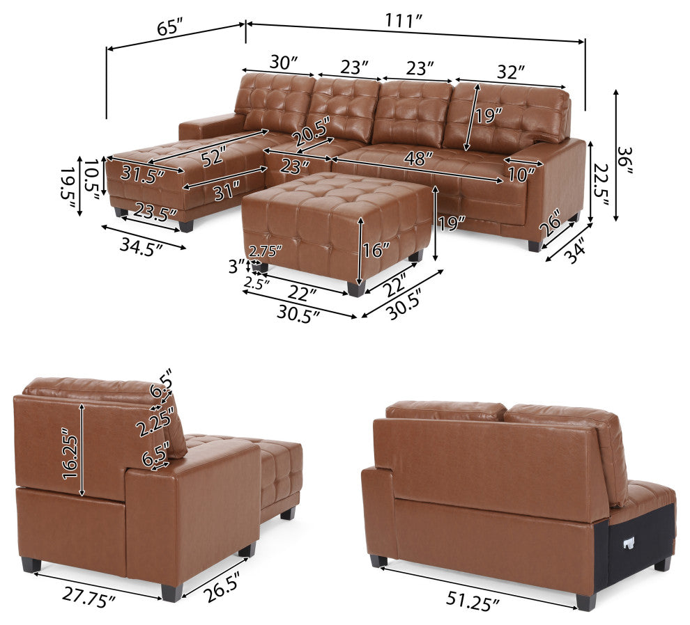 Littell Faux Leather 4 Seater Sofa, Chaise Sectional, Ottoman, Cognac + Dark Bro