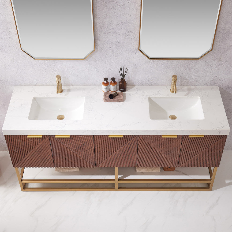 Mahon Bath Vanity, Stone Top, Brushed Gold Base, 72", Double Vanity, No Mirror