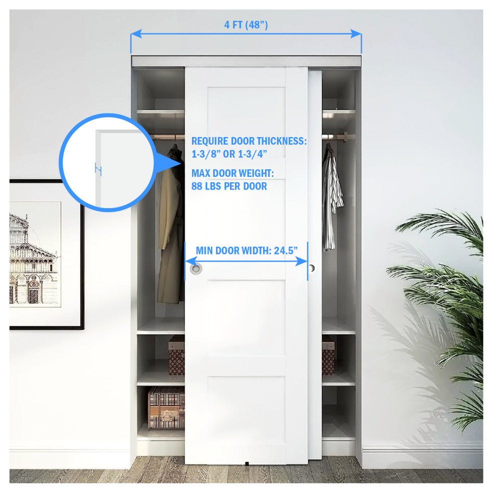 Nuk3y Bypass Sliding Door Hardware Soft close with Finger Pull, Black, 48" Track