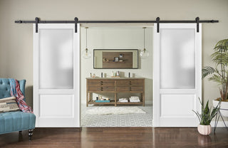 Double Barn Doors 64x80 & 13FT Hardware|Lucia 22 Matte White & Glass |Wood Panel