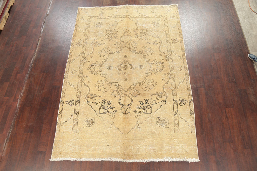 Consigned, Vintage-Style Handmade Faded Distressed Persian Area Rug, Beige, 7x10