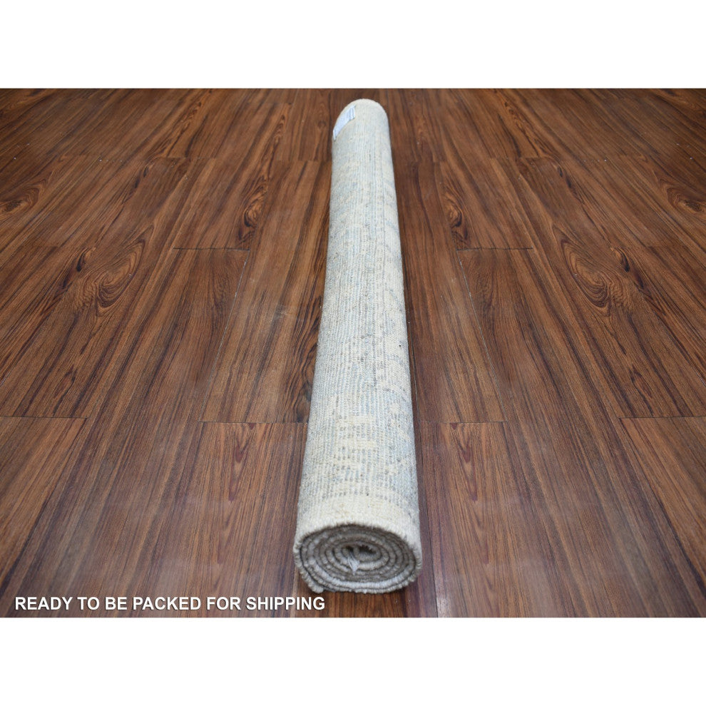 Ivory Angora Oushak Soft Colors Leaf Design Hand Knotted Wool Rug, 4'1"x6'1"