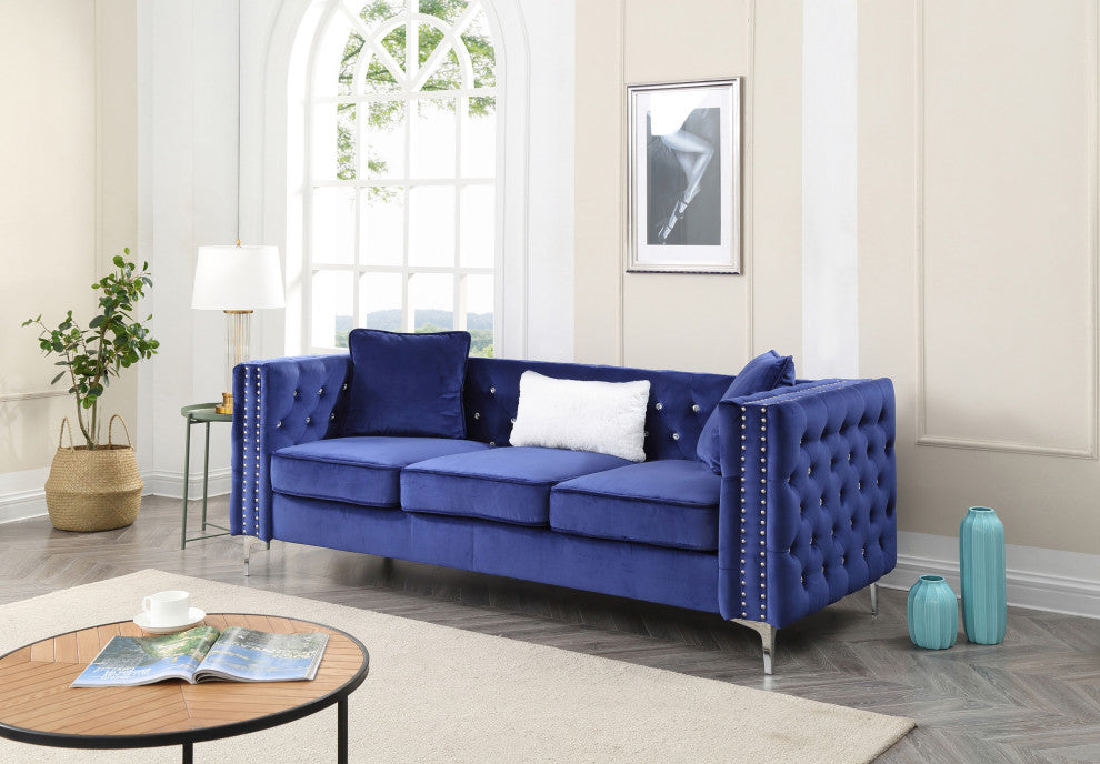 Paige 86 in. Blue Tufted Velvet 3-Seater Sofa With 2-Throw Pillow
