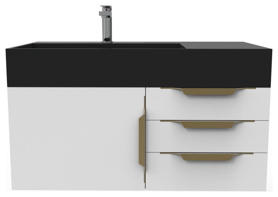 CastelloUSA Amazon 36" Wall Mount Vanity Set, White, Black Top, Gold Handles
