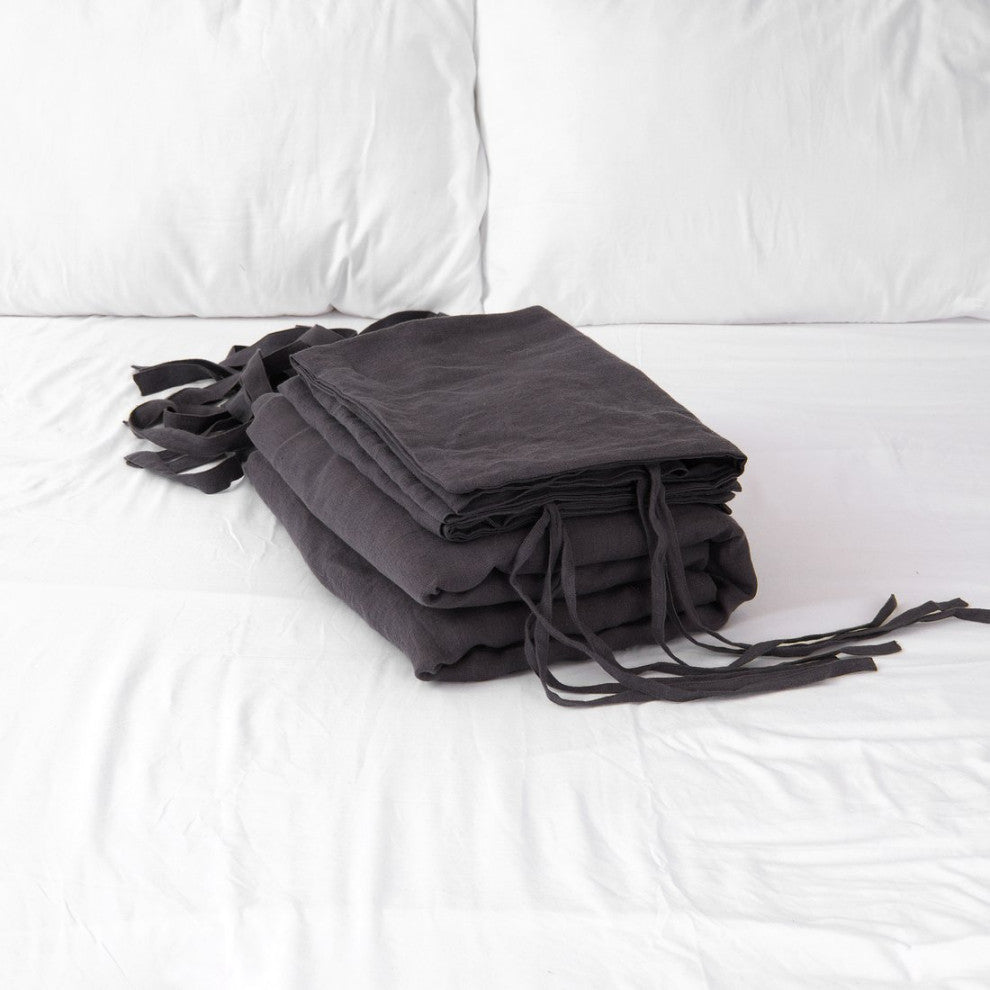 Linen Duvet Set with Tie Straps, Dark Grey, King