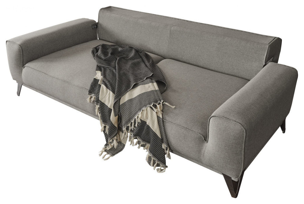 Bursa Sofa Bed, Light Grey Linen Fabric With 3 Pillows and black coated legs