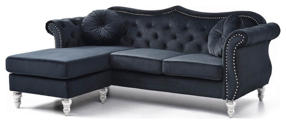 Hollywood Velvet Tufted sofa With Reversible Chaise, Black