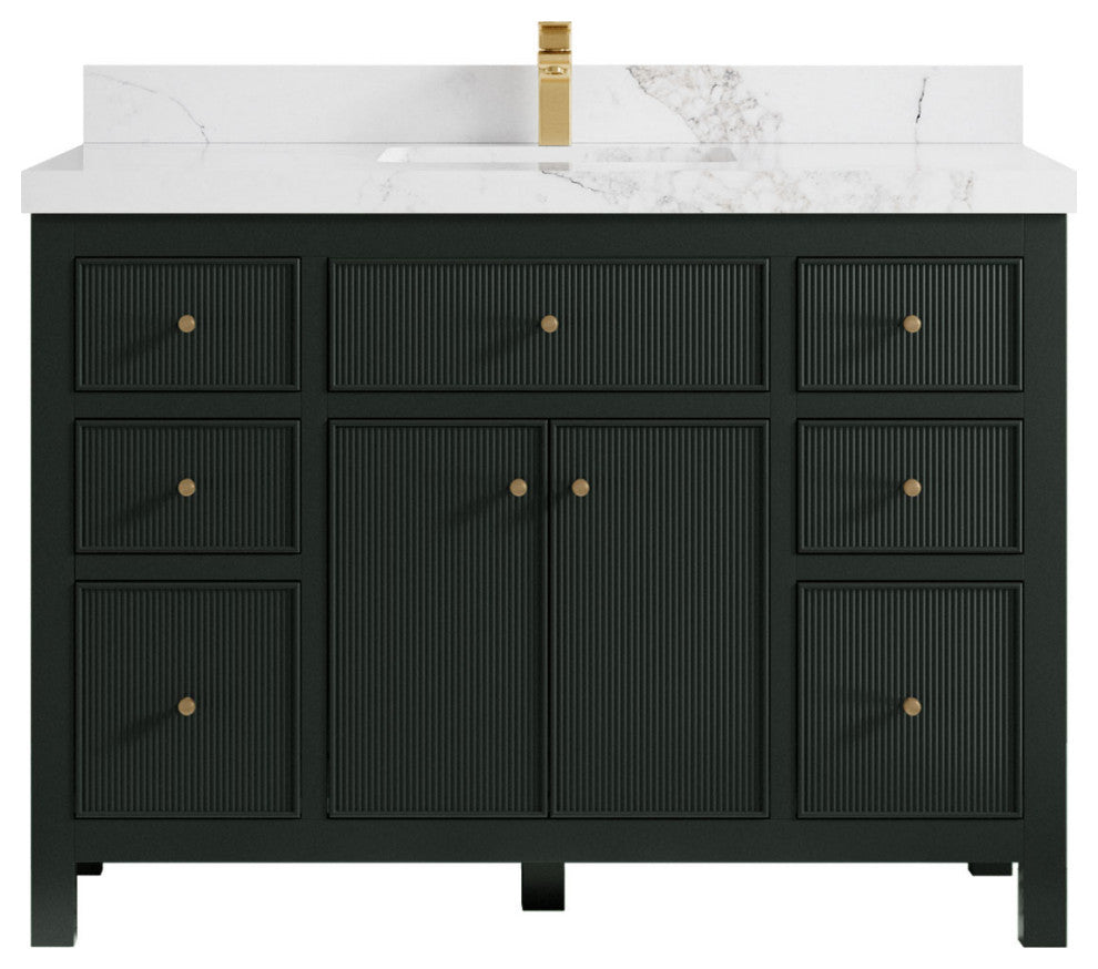 Sonoma 48 Single Sink Reeded Bath Vanity in Dark Forest Green 2" Calacatta Nuvo