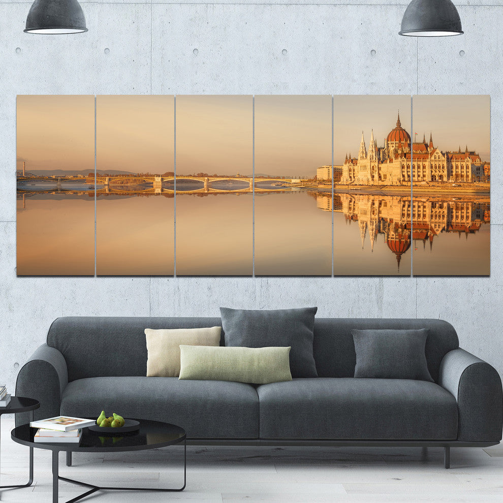 Hungarian Parliament Panorama, Cityscape Canvas Art Print, 70"x28", 6 Panels