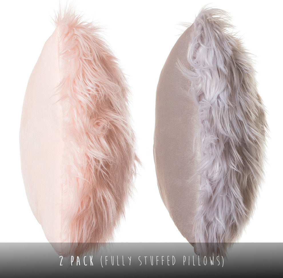 Faux Fur Throw Pillow With Insert, Silver Grey And Pink