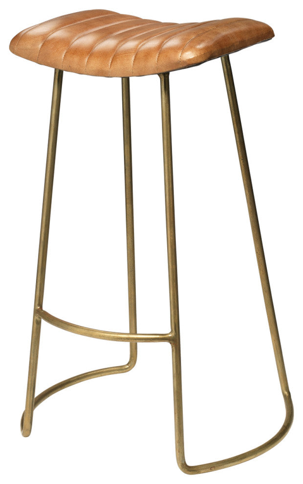 Vintage Style Curved Leather Seat Bar Stool Buff Brown Retro Ribbed Brass