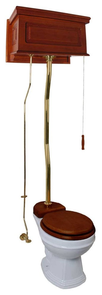 Mahogany High Tank Pull Chain Water Closet With White Round Bowl And Z-Pipe