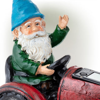 Solar Red Tractor Riding Gnome with Cool White LED Lights