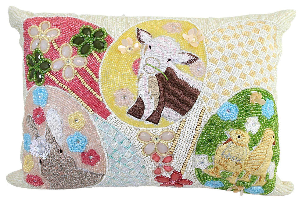 Home Decor Bunny Family Beaded Pillow Fabric Decorative Spring Lumbar Si0477