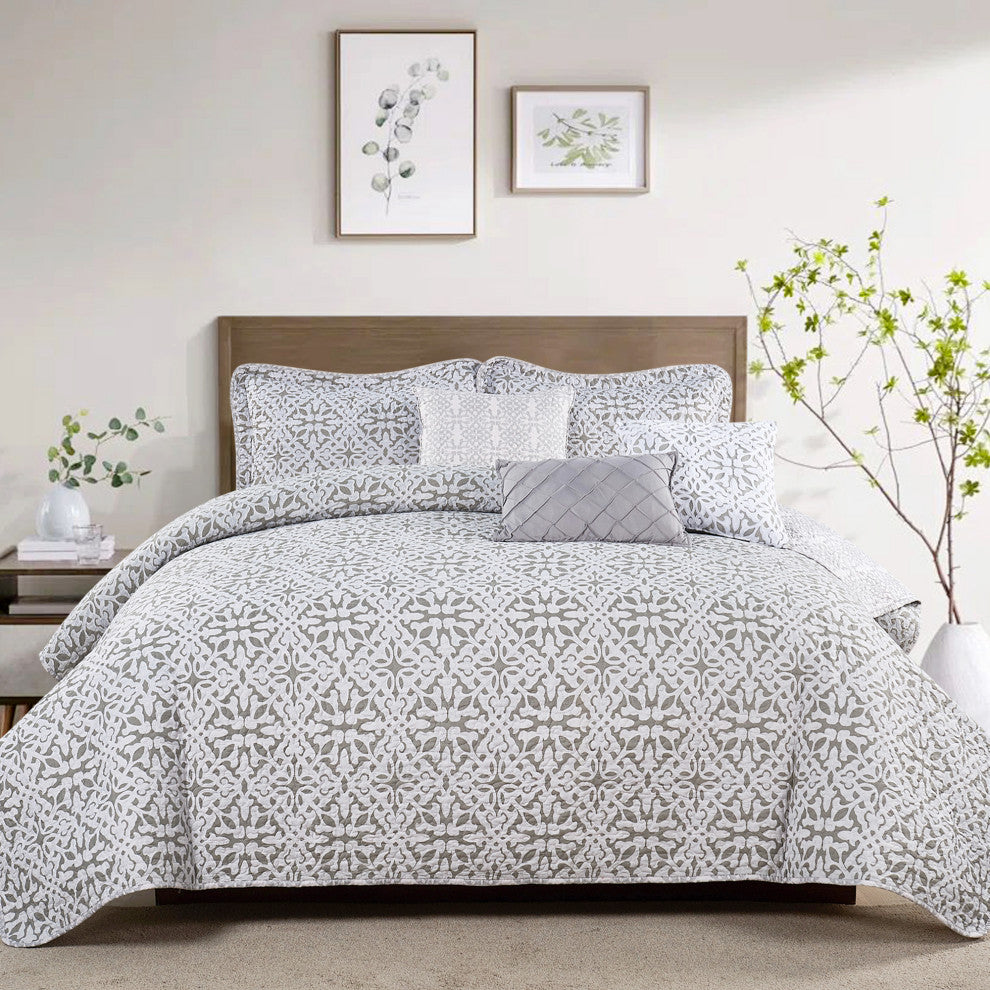 Bellamy Printed Quilted 6-Piece Bed Spread Set, Light Brown/Taupe, King