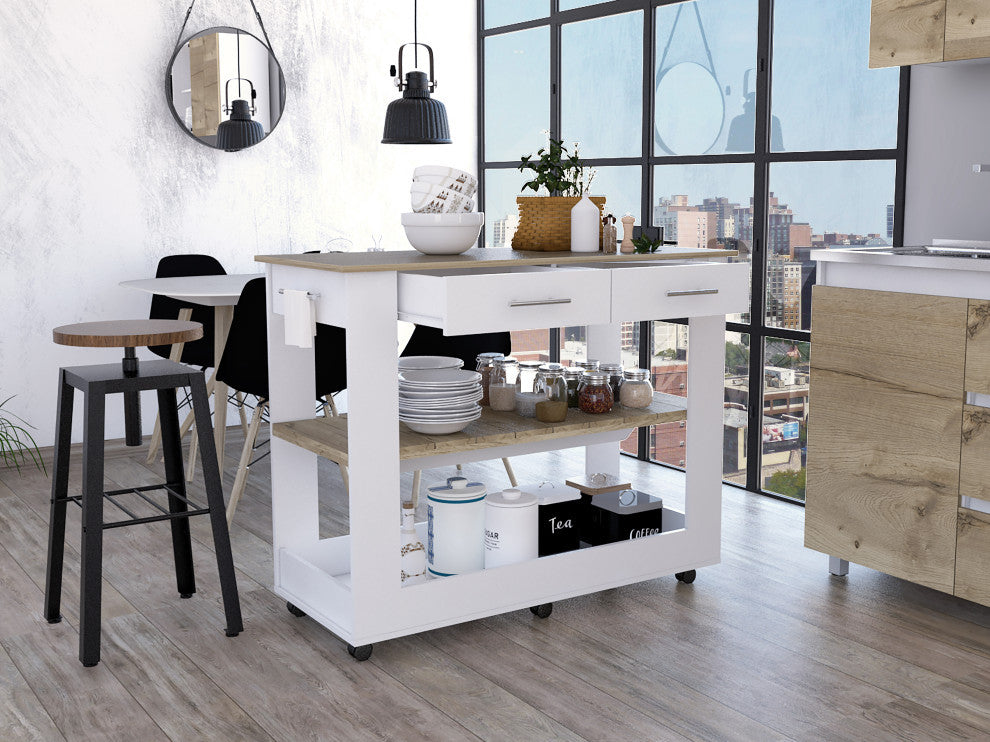 Brooklyn 80 Light Oak Accented Kitchen Island, with shelves and drawers - White