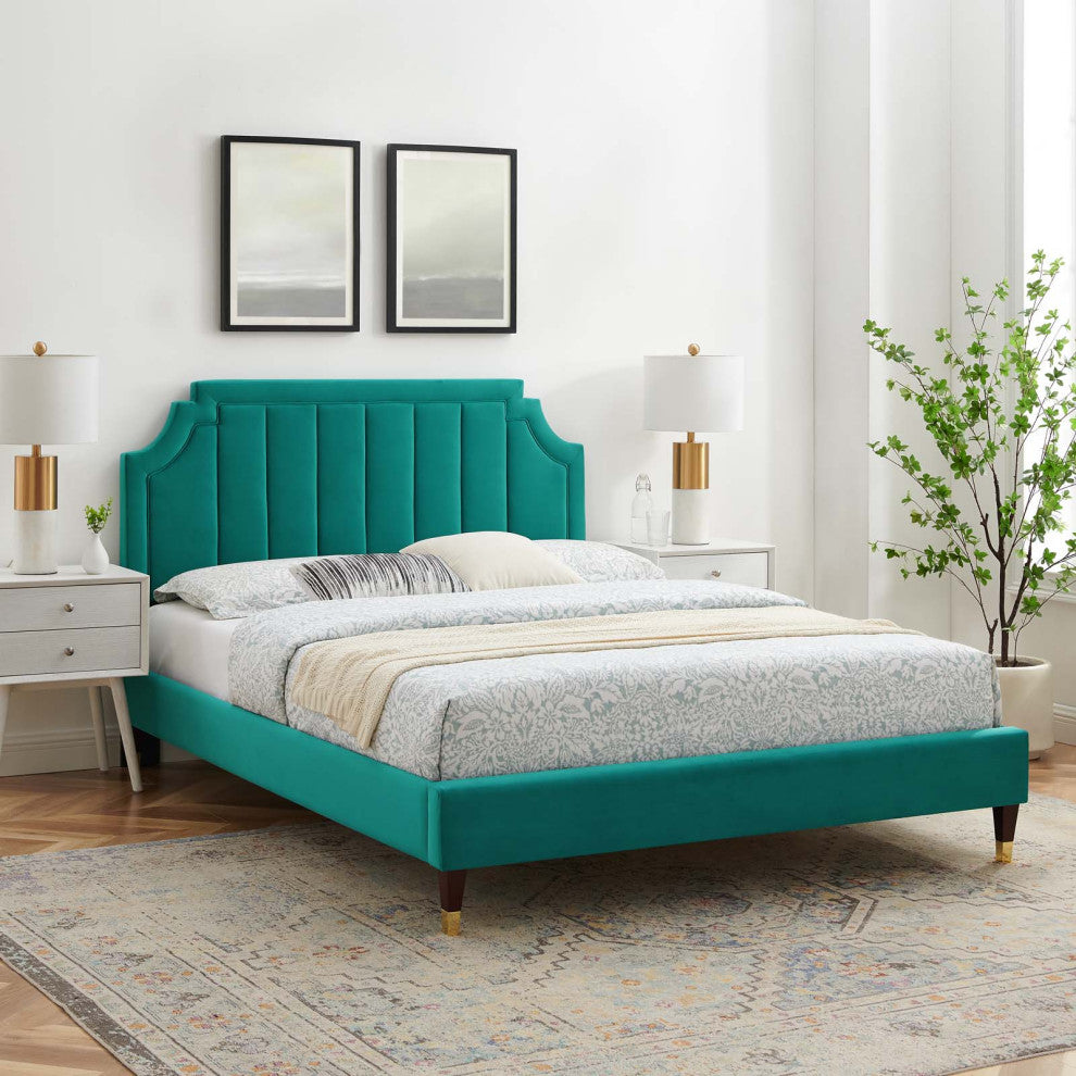 Platform Bed Frame, King Size, Velvet, Teal Blue, Modern Contemporary, Bedroom
