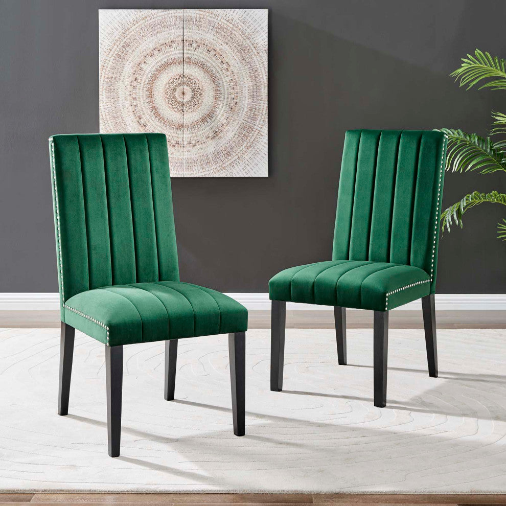 Dining Chair, Nailhead, Set of 2, Green, Velvet, Modern, Bistro Hospitality