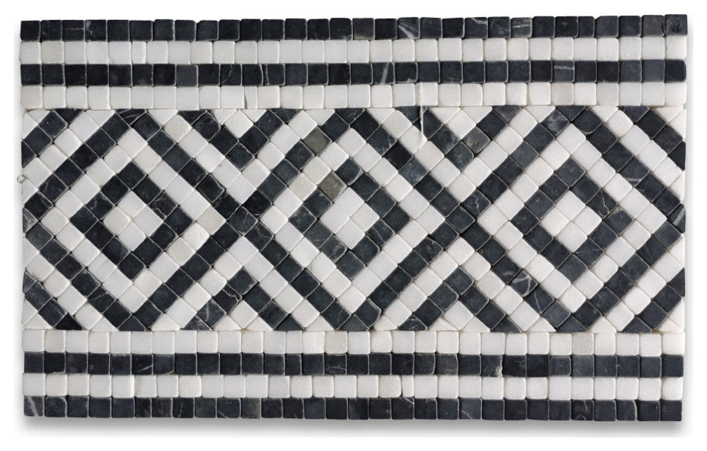 Guitam Black White 7.1x11.7 Marble Mosaic Border Listello Tile Tumbled, 1 piece