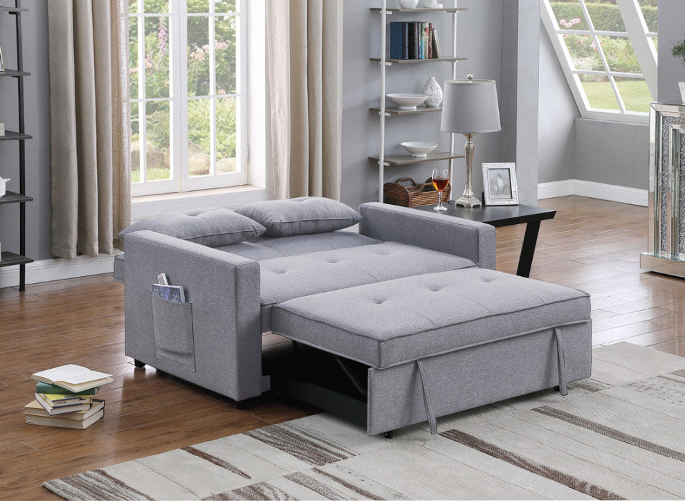 Zoey Linen Convertible Sleeper Loveseat With Side Pocket, Light Gray