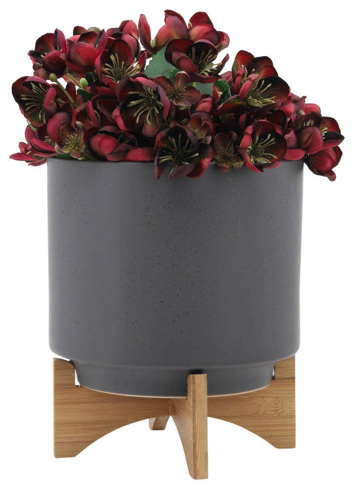 2-Piece Set Planter With Wood Stand, Matte Gray