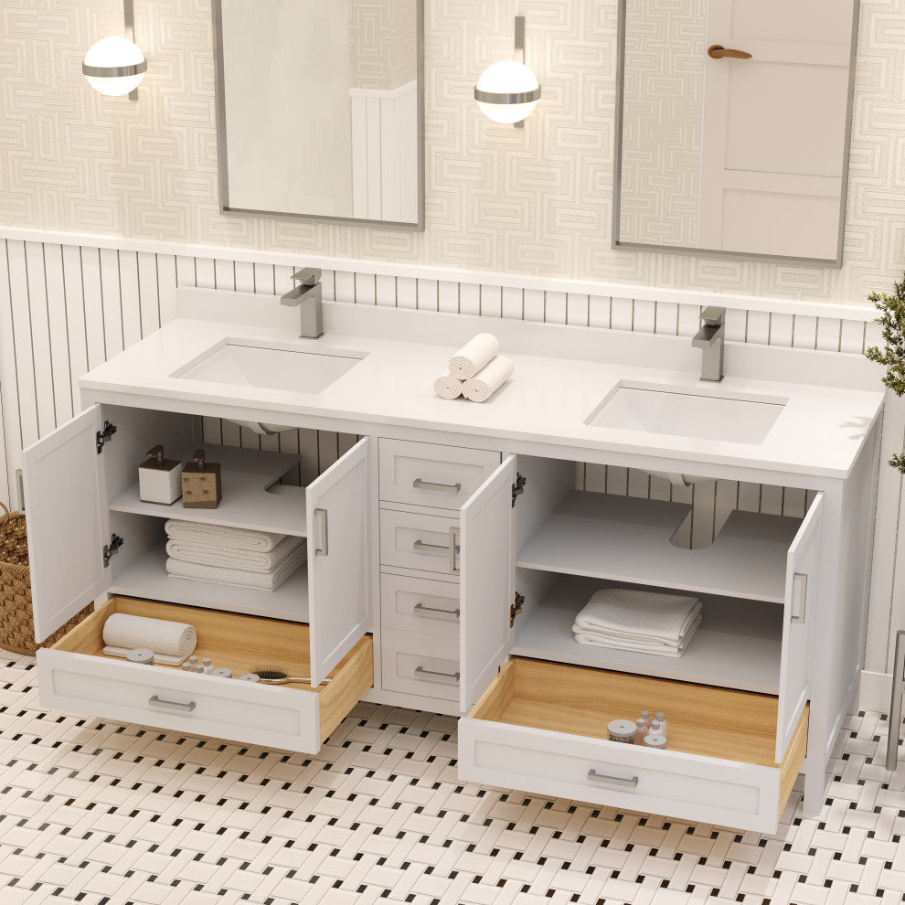 Rooh Bathroom Vanity, White, 72", Vanity, Countertop, Sink