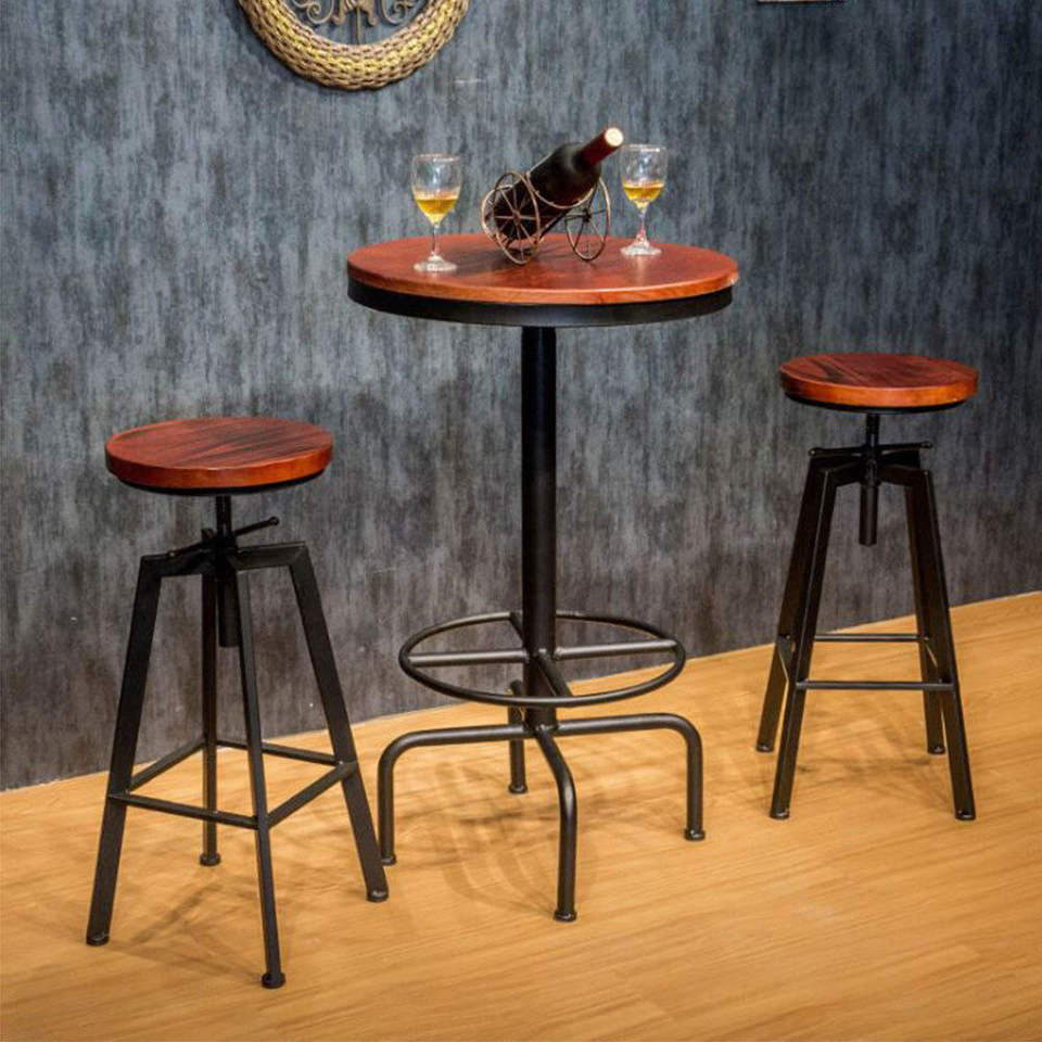 Industrial-Styled Iron Rotating and Lifting Bar Stool Made of Solid Wood, Copper
