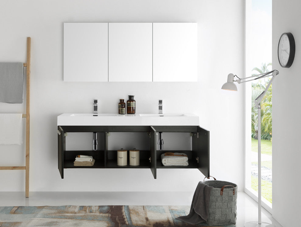 Vista 60" Black Wall Hung Double Sink Modern Bathroom Vanity, FFT9151CH