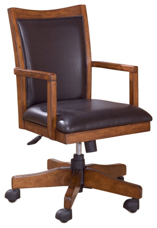 Classic Wooden Swivel Chair with Leatherette Seating and Adjustable Seat, Brown