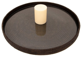 Artifacts Rattan™ Round Serving-Ottoman Tray with Glass Insert, Tudor Black, 19" Diameter