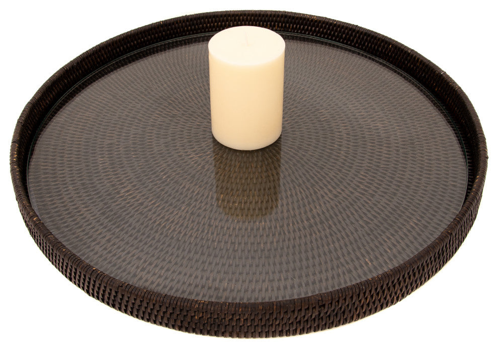 Artifacts Rattan™ Round Serving-Ottoman Tray with Glass Insert, Tudor Black, 19" Diameter