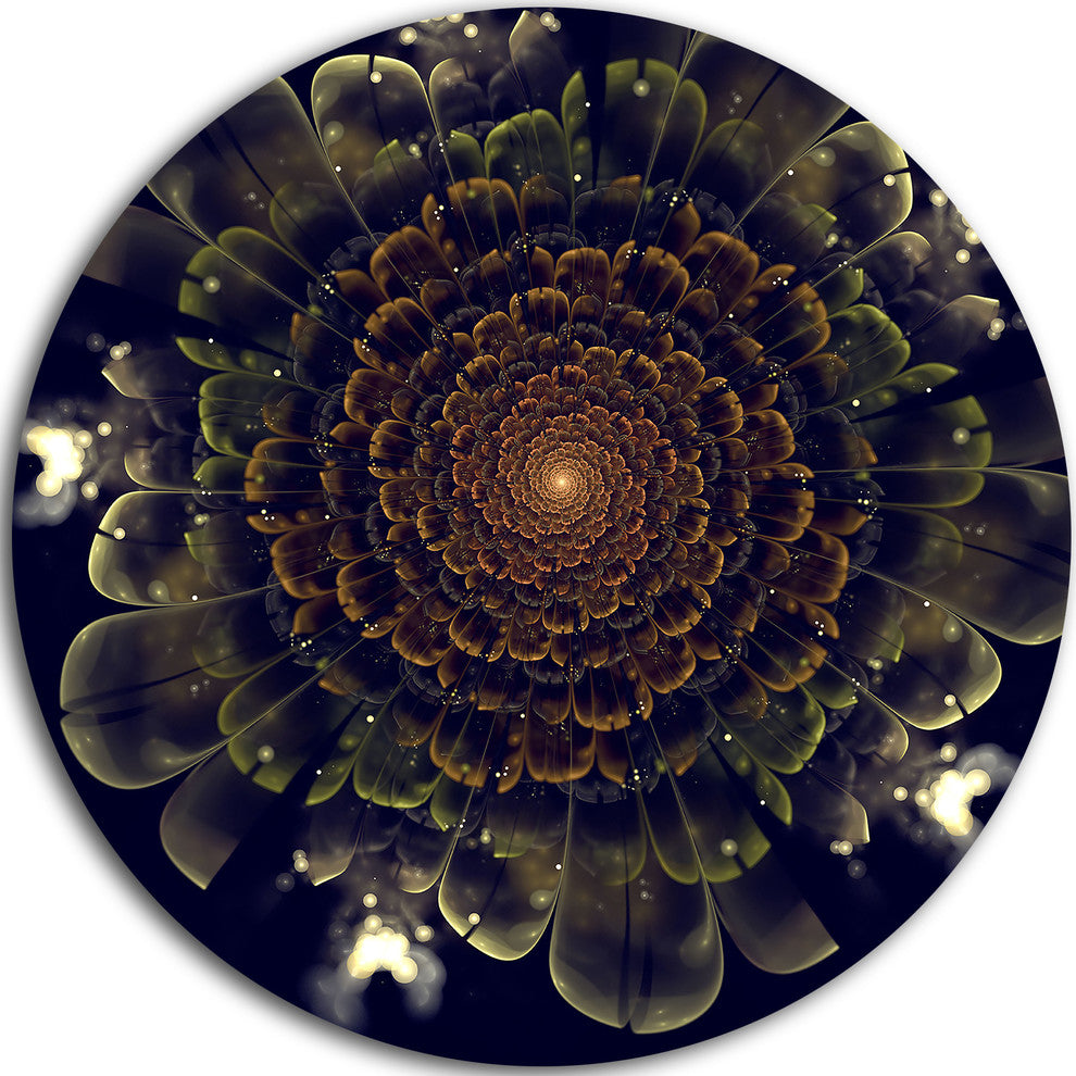 Orange Fractal Flower With Green, Digital Art Disc Metal Wall Art, 11"