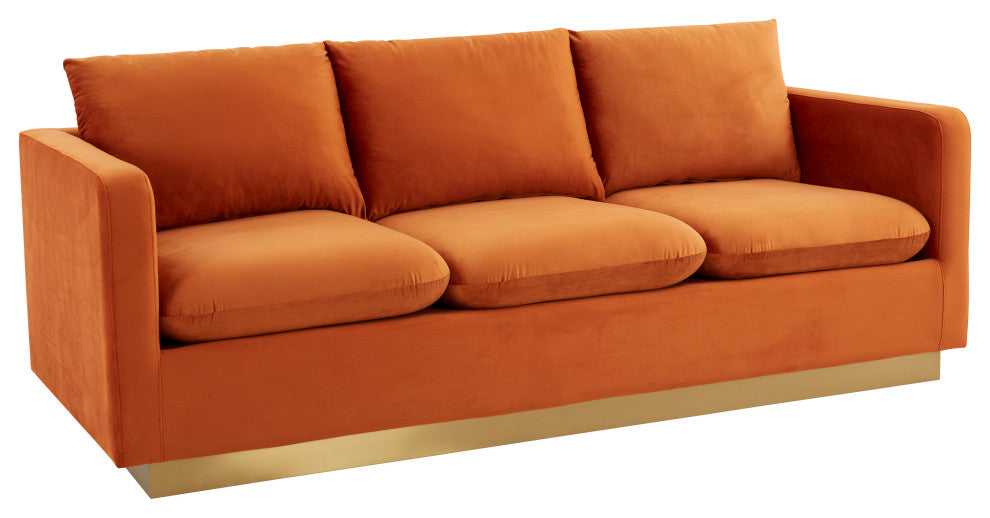 LeisureMod Nervo Modern Velvet Sofa With Gold Base, Orange Marmalade