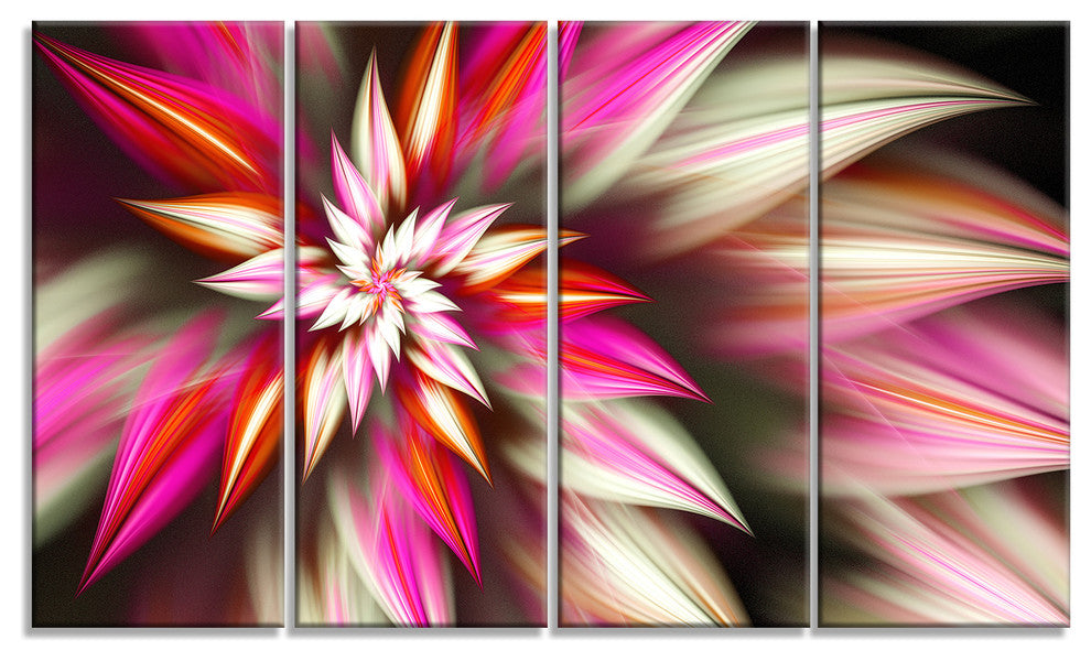 Exotic Red Fractal Spiral Flower, Abstract Canvas Art Print, 48"x28", 4 Panels