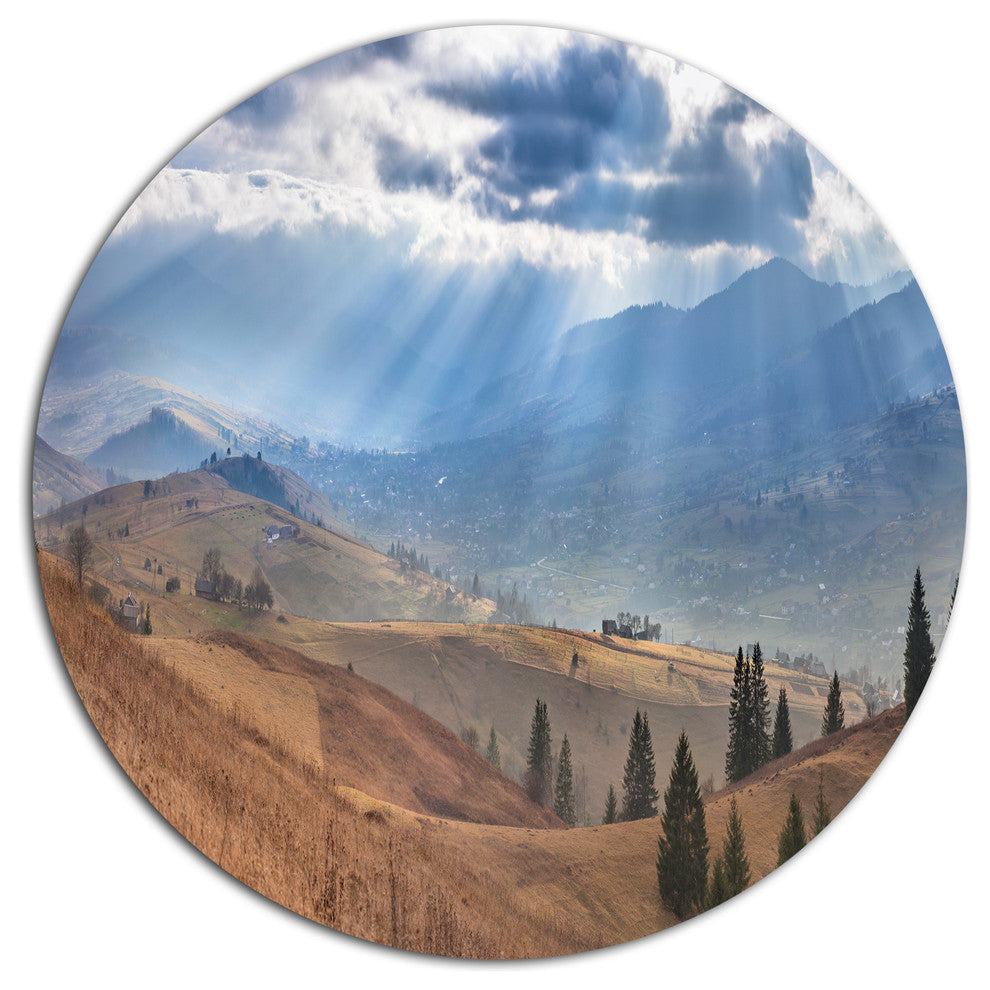 Beautiful Mountain Village View, Landscape Disc Metal Artwork, 23"