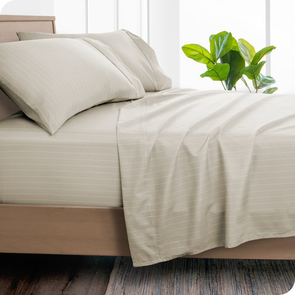1800 Microfiber Printed Sheet Set, Pinstripe - Stone/White, California King