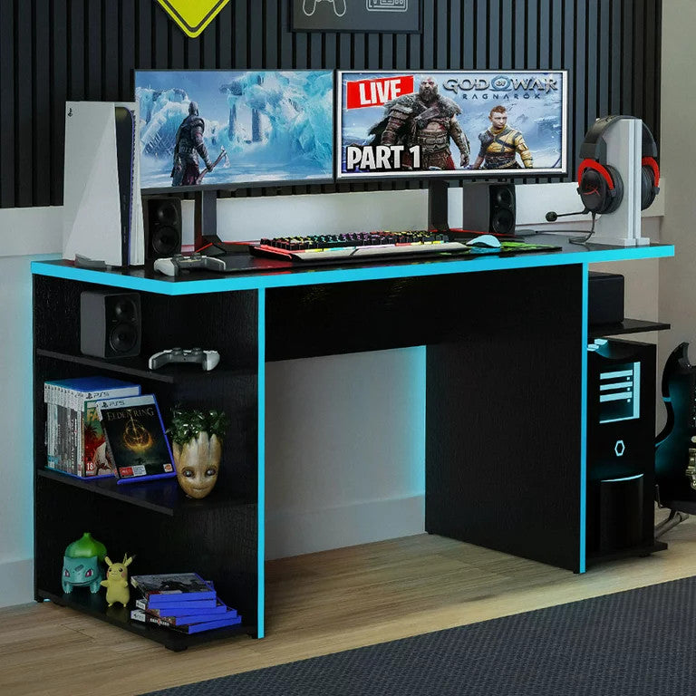 Modern Desk, Wooden Construction With Multiple Open Shelves & Large Top, Blue