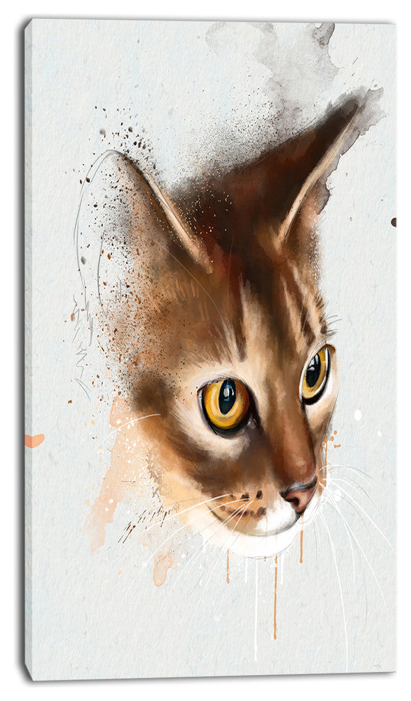 Anxious Brown Cat Watercolor Sketch, Large Animal Canvas Artwork, 16"x32"