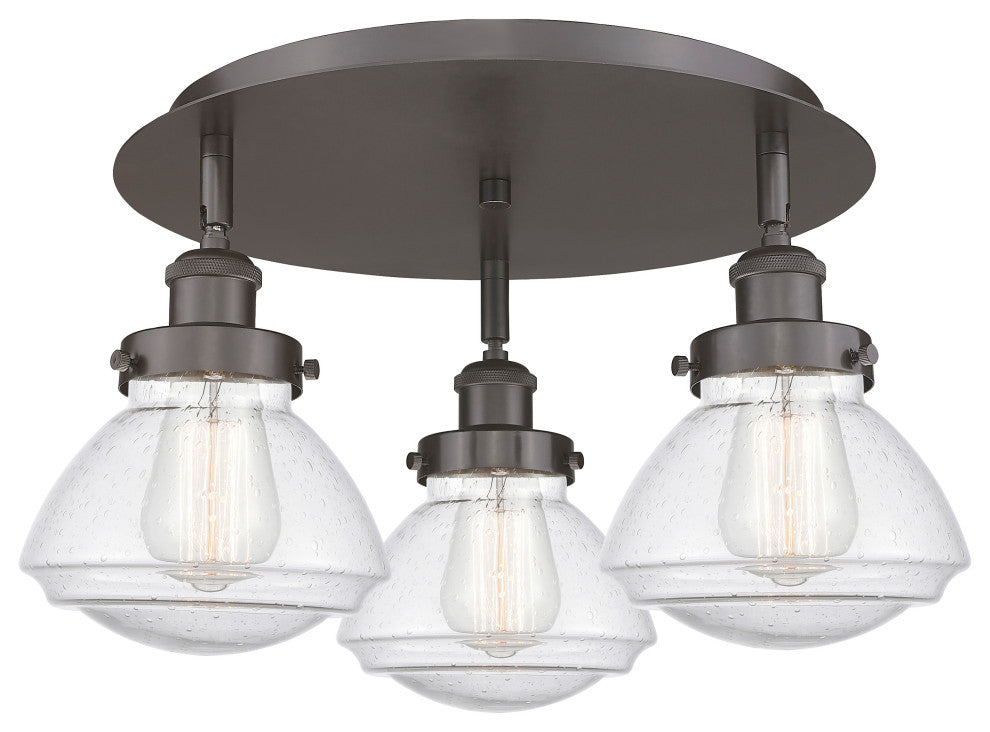 Olean-3 Light 18" Flush Mount-Oil Rubbed Bronze, Seedy Glass Shade