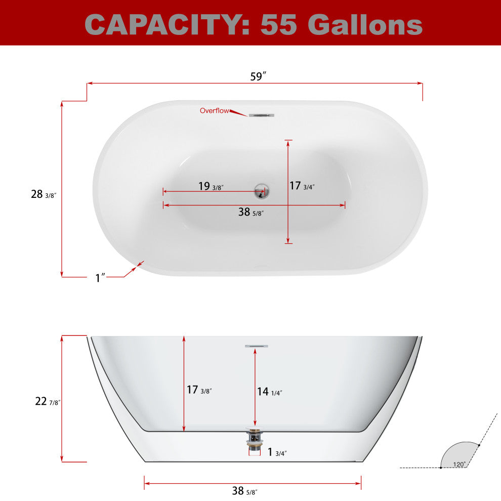 Acrylic Freestanding Bathtub, Oval Glossy White With Drain and Overflow Cover, 59"
