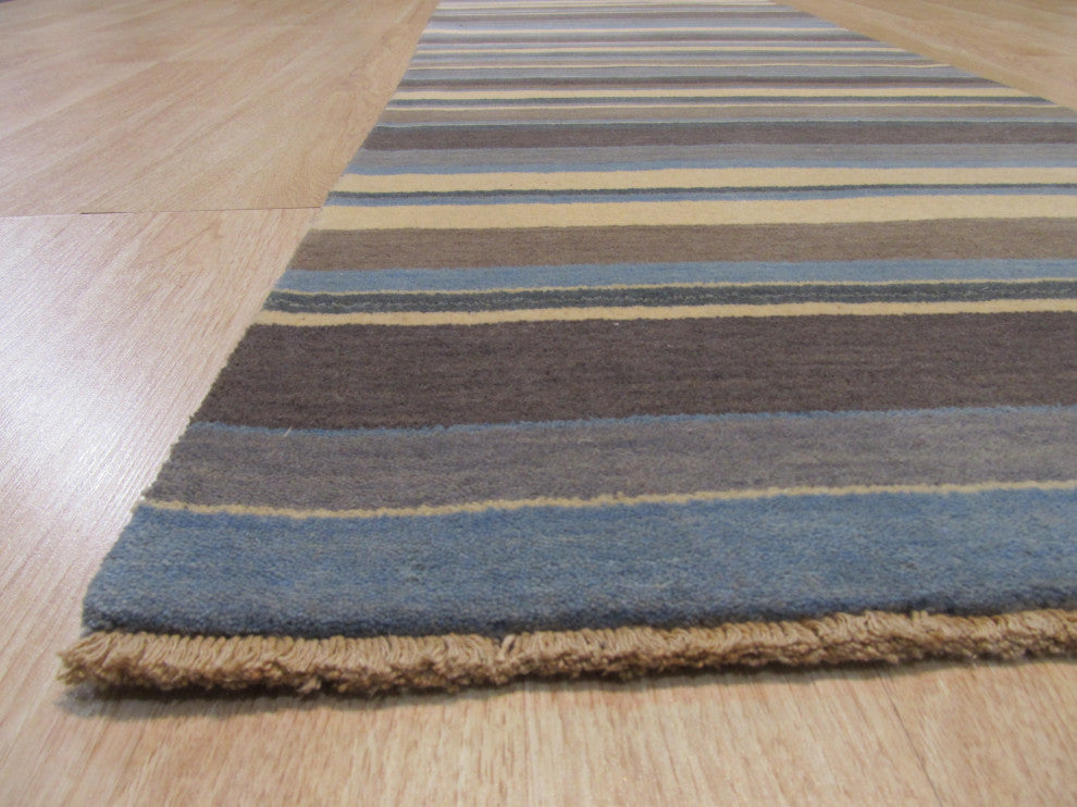 Blue/Brown Striped Handmade Wool Rug, 2'x10'