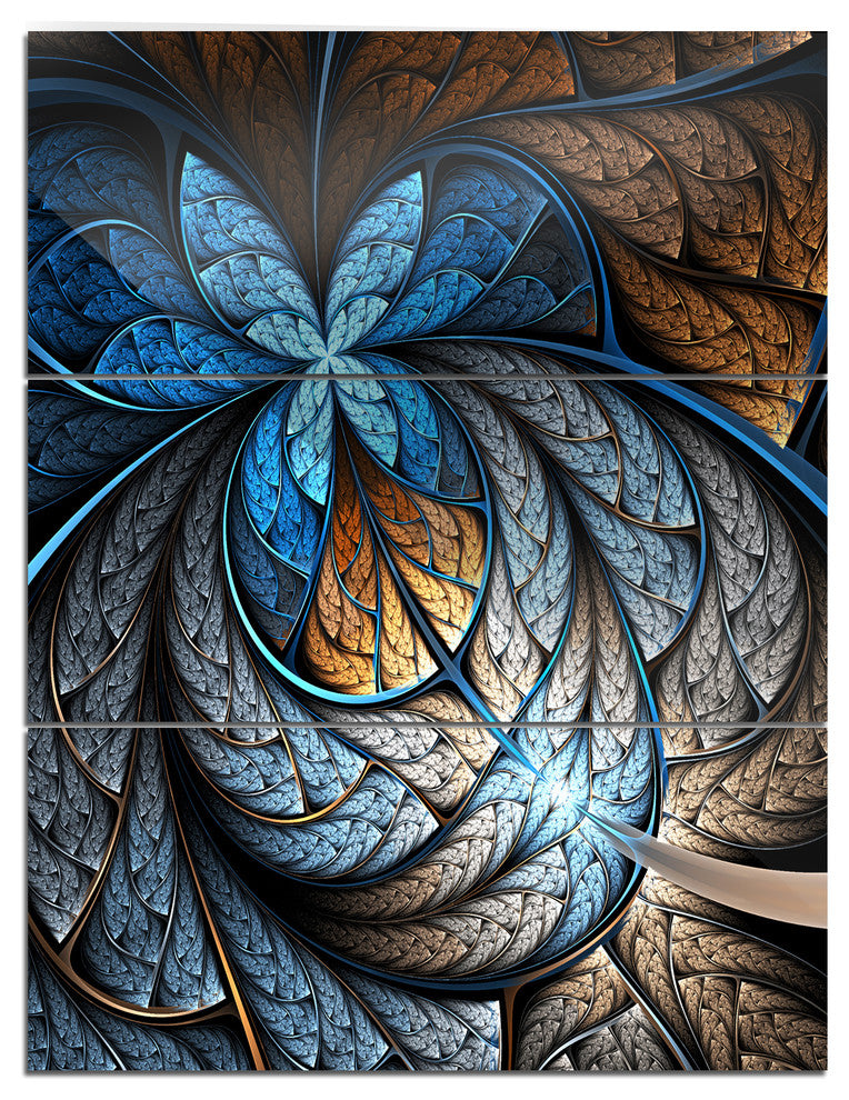 "Blue Brown Fractal Flower Pattern" Digital Metal Wall Art, 3 Panels, 28"x36"