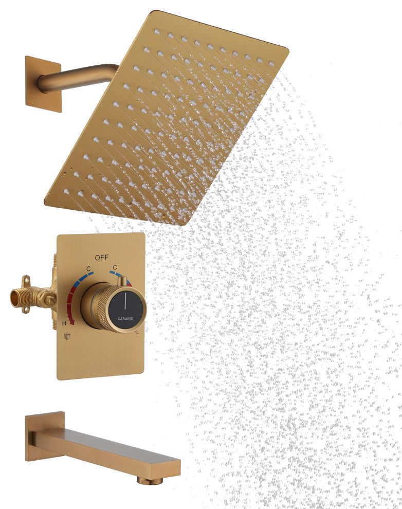 10inch Wall Mount Dual Function Rain Shower System with Tub Spout, Brushed Gold