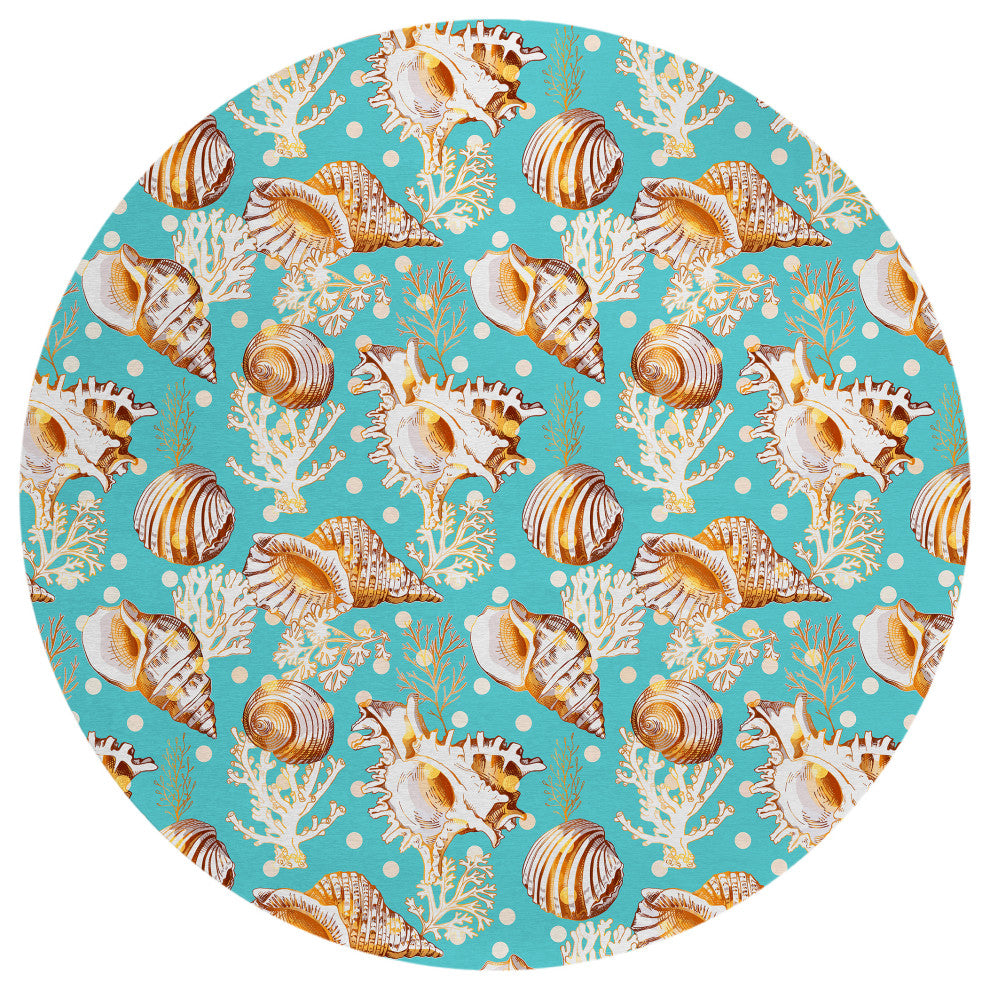 Indoor/Outdoor Seabreeze SZ6 Teal Machine Washable 8' x 8' Round Rug